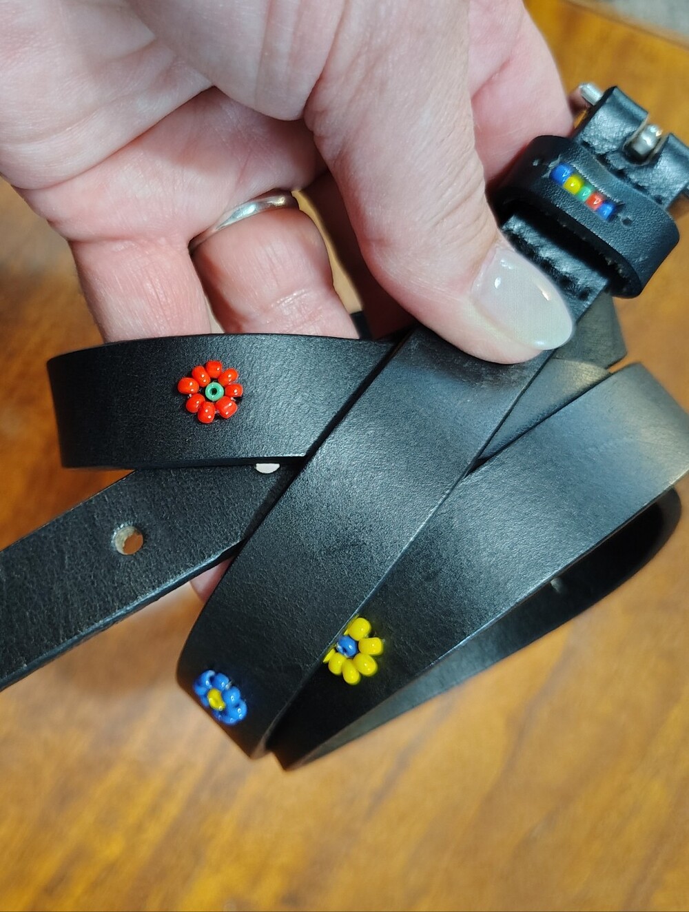 Liz Claiborne Black Leather Belt with Bead Flower Studs